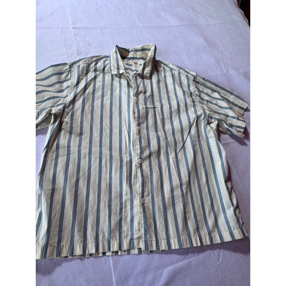 Levis Mens Short Sleeve Button Down Shirt Striped Cotton White Blue Green M